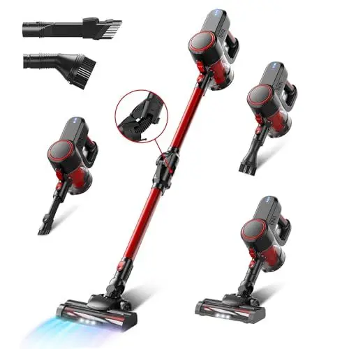 Produktbild: Cyansharp Akku Staubsauger, 6-in-1 Staubsauger Kabellos bis zu 35Min Laufzeit, Leicht Staubsauger mit Bürstenloser Motor/Anti-Tangle-Bürste, für Teppich, Hartboden und Tierhaare (Rot)