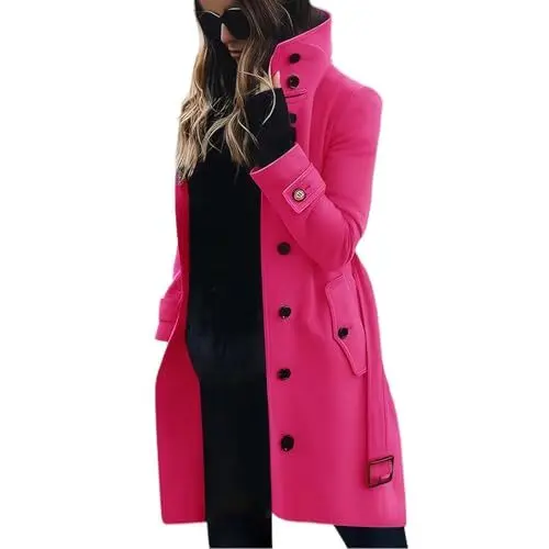Produktbild: Wollmantel Damen Warm Elegant Wintermantel Lang Einfarbig Winter Mantel Langarm Revers Coat Knielang Großen Größen Trenchcoat mit Gürtel Winddichte Button Down Winterjacke mit Taschen Rosa XL
