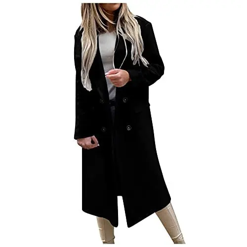 Produktbild: Generisch Wintermantel Damen Lang Wollmantel Elegant Windjacke Mode Zweireihig Cardigan Jacke mit Anzugkragen Einfarbig Freizeit Trenchcoat Langarm Übergangsjacke Tasche Mantel Slim Outwear Schwarz M