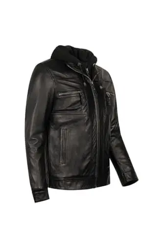 Produktbild: CYCAS D'OR URBAN-STYLE Luxus Herren Lederjacke mit Herausnehmbarer Kapuze - Vielseitig, Wasserdicht/Winddicht - Urbane Eleganz in Schwarz (DE/NL/SE/PL, Alphanumerisch, L, Regular, Regular, Schwarz)