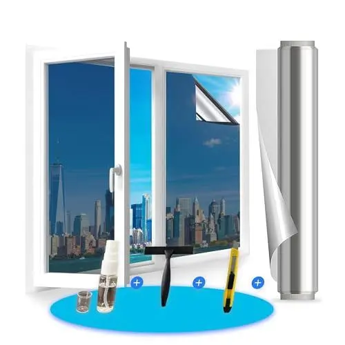 Produktbild: Cycbiki Sonnenschutzfolie Fenster innen oder außen 90×200CM Spiegelfolie Fenster Sichtschutz Fensterfolie von innen Durchsichtig von aussen Blickdicht thermofolie Fenster gegen hitze Silber