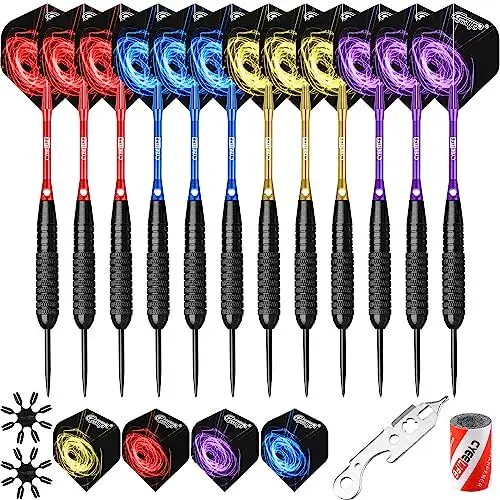 Produktbild: CyeeLife 28g Dartpfeile mit Metallspitze 12pcs mit Alu-Schäften,Sharpener,Werkzeug,Extra Flights und Flightkappen,Steeldarts Set