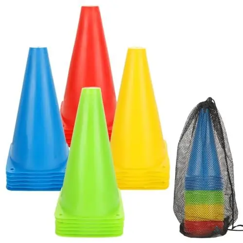 Produktbild: CYEER 24 Stück Pylonen, 23x13,5cm Hütchen Fussball, Bunt Pylonen Kinder Outdoor mit Tragetasche, Fussball Markierungskegel, Training Kegel für Fußbal, Sportarten, aktive Spiele, Hindernislauftraining