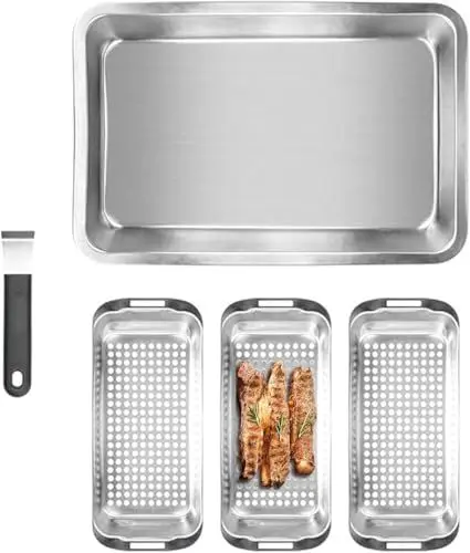 Produktbild: CYEER Grillschale Edelstahl, Grillkorb Edelstahl, Grillkorb Set, Grillschale Edelstahl Gemüse Enthält 3 Edelstahl Grillkörbe mit Löcher, EIN Serviertablett und Hebegriff für Gemüse Fleisch Fisch