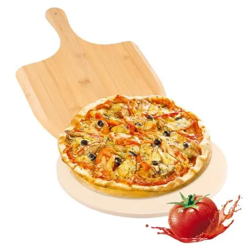 Produktbild: CYEER Pizzastein für Backofen, Pizzastein Rund 30 CM, Rund Pizza Stone, Ultra-hitzebeständige Pizzaschieber mit Bambus-Pizzaschaufel-Paddel Pizzaschneider zum Pizza Backen