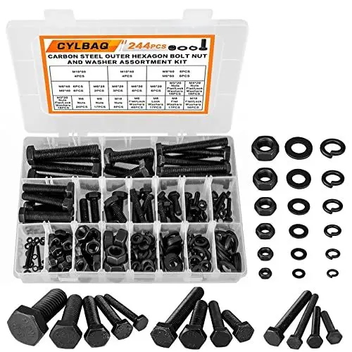 Produktbild: CYLBAQ 244 Stück Metrische Schrauben Set Sechskantschrauben Muttern, M3 M4 M5 M6 M8 M10 Kohlenstoffstahl Sechskant Schrauben und Muttern 20MM-60MM Unterlegscheiben Maschinenschrauben