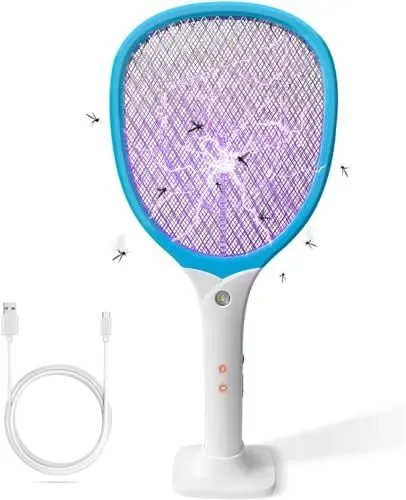 Produktbild: CYOUH Elektrische Fliegenklatsche extra stark mit 2700V, 2-in-1 Type-C Aufladung, wiederaufladbar mit integriertem Akku, Elektro-Mückenklatsche mit UV-Lichtfalle für Moskitos (Weiß, M)