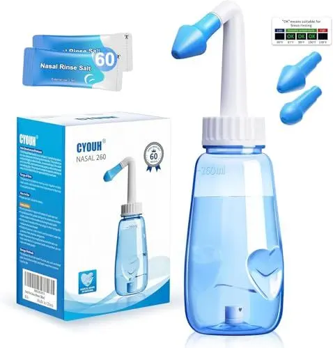 Produktbild: CYOUH Nasendusche Set, 260 ml, mit 60 Nasenwasch-Salzpaketen und Aufkleberthermometer，nasendusche erwachsene zur Nasenreinigung und Nasenspülung