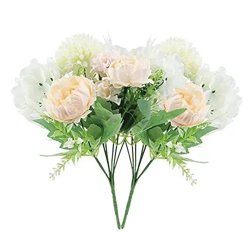 Produktbild: CYUaoao 2 Bündeln Blumensträuße Künstliche Blumen Set Wie Echt Seidenblumen Hortensien Pfingstrose Unechte Blumen Deko für Zimmer Restaurant Party Hochzeit Weiß Rosa Champagner