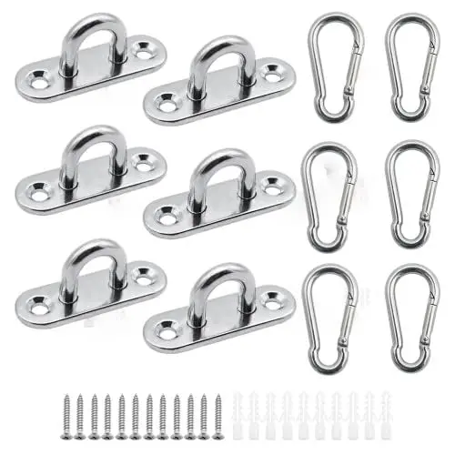 Produktbild: CYUaoao Schwerlast Deckenhaken mit Schrauben 6 Set Augplatte mit Öse und Karabiner Edelstahl 304 M5 Decksplatte Decken Befestigung Wand Haken für Sonnensegel Boot Takelage Schaukel Hängematte