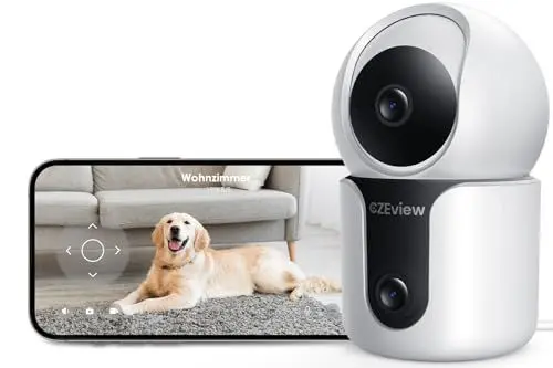 Produktbild: CZEview Überwachungskamera Innen mit 2K+2K Dual-Linsen, Nachtsicht, 2,4 & 5Ghz WLAN Kamera Überwachung Innen, 360° Hundekamera Haustierkamera mit APP, ABO Optional, Indoor Camera (Schwarz und Weiß)