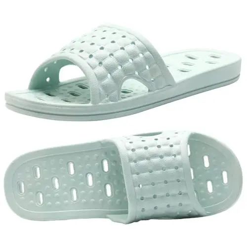 Produktbild: Czgcpyc Badepantoffeln mit Drainagelöchern, Schnell Trocknende, Rutschfeste Hausschuhe, Schlafsaal, Zuhause, Badezimmer, Hausschuhe, Unisex, Hellgrün