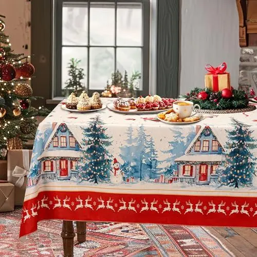 Produktbild: CZL Tischdecke Weihnachten Tischdecke Abwaschbar Weihnachten mit Elch-Motiv Reversible Weihnachts Tischdecke Weihnachtstischdecke Abwaschbar Rote Tischdecke Stoff Christmas Table Cloth-150 x 300CM