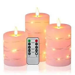 Produktbild: Da by LED Kerzen mit Lichterkette, 3 Batteriekerzen mit 11-Tasten-Fernbedienung, 24-Stunden-Timer-Funktion, tanzende Flamme, echtes Wachs (rosa).