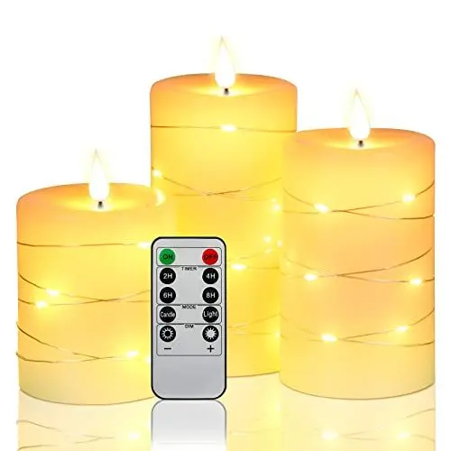 Produktbild: Da by LED Kerzen, mit eingebetteten Lichterketten, 3-LED-Kerzen, mit 10-Tasten-Fernbedienung, 24-Stunden-Timer-Funktion, tanzender Flamme, echtem Wachs, batteriebetrieben.