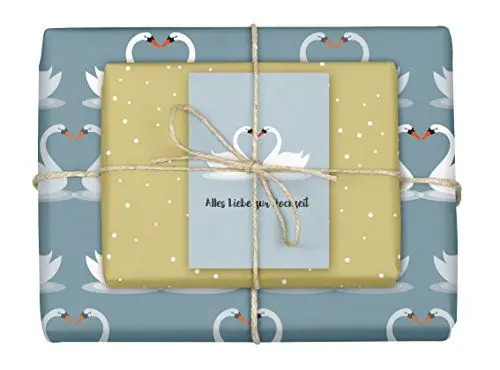 Produktbild: dabelino® 5x Geschenkpapier Hochzeit: Schwäne/Herz (zweiseitig weiß-blau/beige, öko) | Set inkl. Karte: Alles Liebe zur Hochzeit