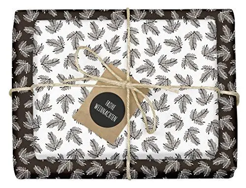 Produktbild: dabelino® Geschenkpapier Set Weihnachten: Tannenzweige/Tannenbaum schwarz weiß: 4 Bögen + 4 Anhänger (hochwertig, Weihnachtsgeschenkpapier, nachhaltig, Recycling-Papier, edel, für Erwachsene)