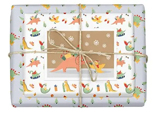 Produktbild: dabelino® Geschenkpapier Weihnachten Dinosaurier für Kinder, umweltfreundliches Set: 4x Bögen + 1 Karte (nachhaltig, Recyclingpapier)
