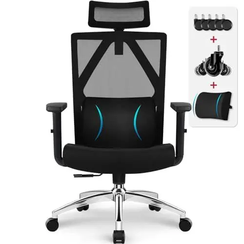 Produktbild: Daccormax Bürostuhl, ergonomisch mit 200KG, Schreibtischstuhl mit Verstellbaren Armlehnen, Kopfstütze und Lendenwirbelstütze, Chefsessel aus Mesh, Bürostuhl Schaukelfunktion
