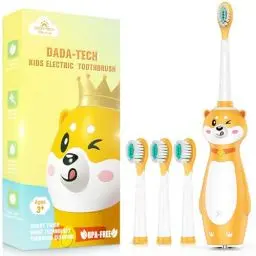 Produktbild: Dada-Tech Elektrische Zahnbürste Kinder ab 3 Jahren Silikon Griff Schallzahnbürste mit Integrierter Timer für Jungen Mädchen, 3 Putzmodi und 4 Zahnbürstenköpfen (Gelb Shiba Inu)