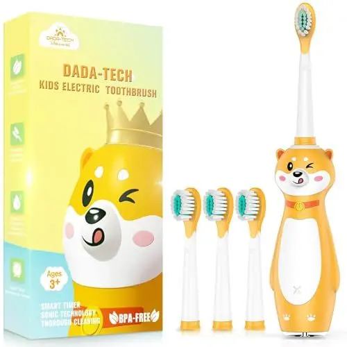 Produktbild: Dada-Tech Elektrische Zahnbürste Kinder ab 3 Jahren Silikon Griff Schallzahnbürste mit Integrierter Timer für Jungen Mädchen, 3 Putzmodi und 4 Zahnbürstenköpfen (Gelb Shiba Inu)
