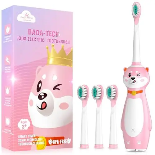 Produktbild: Dada-Tech Elektrische Zahnbürste Kinder ab 3 Jahren Silikon Griff Schallzahnbürste mit Integrierter Timer für Jungen Mädchen, 3 Putzmodi und 4 Zahnbürstenköpfen (Rosa Shiba Inu)