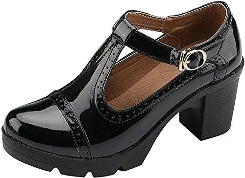 Produktbild: DADAWEN Damen T-Strap Plateau Blockabsatz Schuhe Mary Jane Oxfords Kleid Schuhe,Schwarz,36 EU