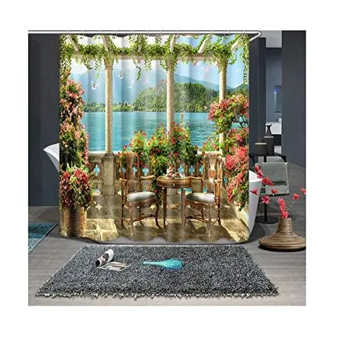 Produktbild: Daesar Polyester-Stoff Badezimmer Duschvorhang 180x200 Berge Blau See Blumen Badvorhang Anti-Schimmel