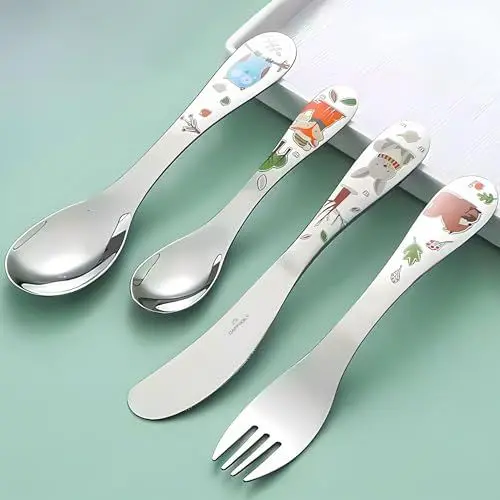 Produktbild: DAFFODILY® Jungle Kinderbesteck Set 4-teilig, Edelstahl Kinderbesteck, Kindergeschirr für Jungen und Mädchen, Ab 1 Jahr, kinder messer kinder gabel kinderlöffel Spülmaschinenfest