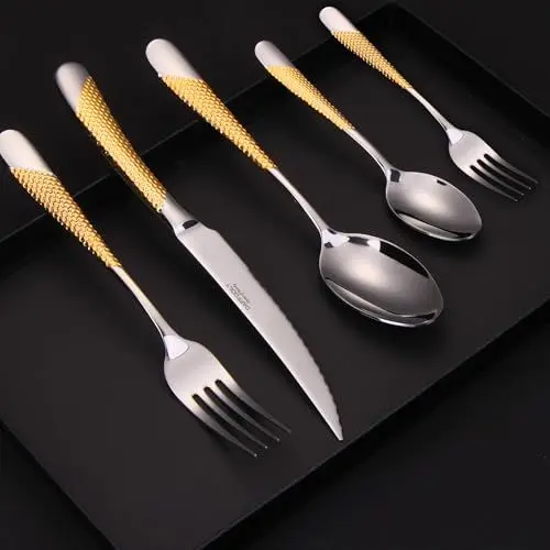 Produktbild: DAFFODILY Besteck Set. Gehämmertes 18/10 Edelstahl Essbesteck. Spiegel-Finish, ultra-scharfes Steakmesser, spülmaschinenfest. (Gold, 30)