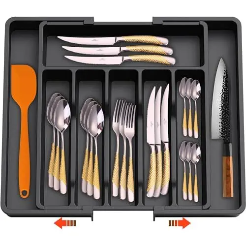 Produktbild: DAFFODILY® Schubladen Organizer - Besteckkasten für Schubladen, Küchen Organizer, Verstellbarer & Erweiterbarer Besteckhalter, Utensilienhalter für Schubladen Organizer Küche (Schwarz)…