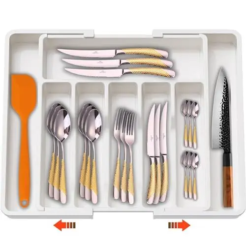 Produktbild: DAFFODILY® Schubladen Organizer - Besteckkasten für Schubladen, Küchen Organizer, Verstellbarer & Erweiterbarer Besteckhalter, Utensilienhalter für Schubladen Organizer Küche (Weiß)