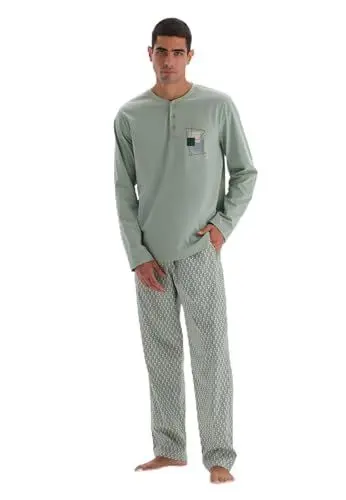 Produktbild: Dagi Men's Mint Green Long Sleeve Print Detailed T-Shirt & Trousers Pyjama Set with Half-Plot, Mint Green,S