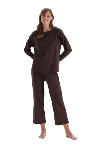 Produktbild: Dagi Women's Dark Brown Boat Collar Basic Regular Fit T-Shirt & Trousers Pyjama Set, Dark Brown,L