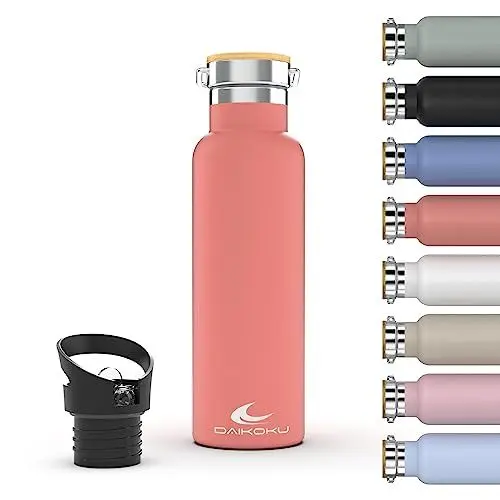 Produktbild: Daikoku Bottle, Doppelwandige Thermosflasche aus Edelstahl, Thermosflasche, die das Getränk stundenlang heiß oder kalt hält, zwei Verschlüsse, Farbe Koralle, 750 ML