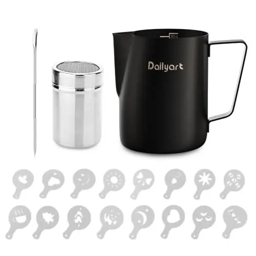 Produktbild: Dailyart 350ml/12oz Milchkännchen 304 edelstahl, Milchkanne Edelstahl mit 3 Latte Art kit, Barista Milchschaumkännchen, Espressokännchen für Cappuccino und Latte Art, Schwarz