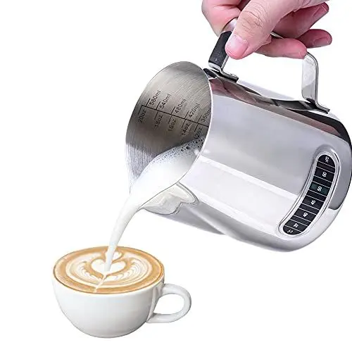 Produktbild: Dailyart 600ml/20oz milchkännchen edelstahl 304 mit Thermometer milchkanne barista mit speziellem Latte Art Ausguss, Barista Zubehör für Anfänger, Milchschaumkännchen für Cappuccino, Latté, 11 x 9.3cm