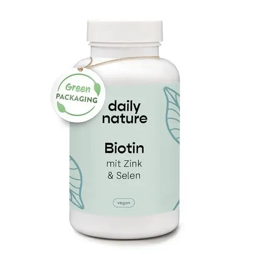 Produktbild: dailynature Biotin mit Zink & Selen | 365 vegane Tabletten mit 10.000 µg Biotin | Haarwuchs, Haut & Nägel | ohne unerwünschte Zusätze | kompostierbare Dose| 12 Monate Vorrat