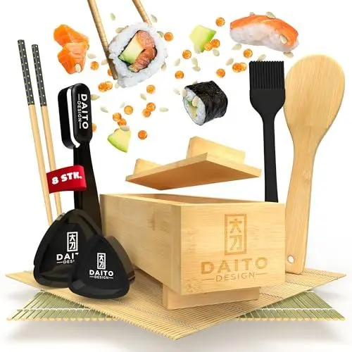 Produktbild: DAITO DESIGN Bambus Sushi Maker Set (Premium Edition) inkl. Anleitung & kreativen Rezeptideen. Komplettes Sushimaker-Set für Anfänger in edler Sushibox für perfekte Sushi-Kreationen wie vom Meister