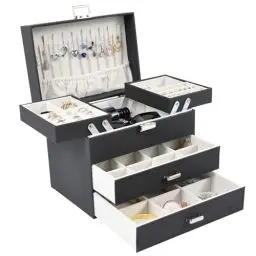Produktbild: Dajasan Schmuckkästchen, Schmuckaufbewahrung, 4 Ebenen Schmuckschatulle mit 2 Schubladen, Groß Schmuckbox für Ringe, Ohrringe, Halskette, Uhren, Armbänder (Schwarz)