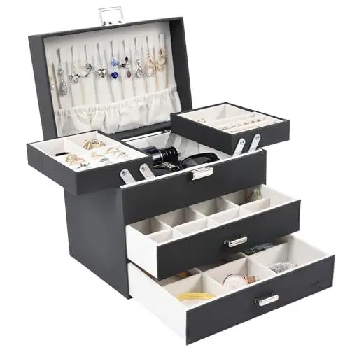 Produktbild: Dajasan Schmuckkästchen, Schmuckaufbewahrung, 4 Ebenen Schmuckschatulle mit 2 Schubladen, Groß Schmuckbox für Ringe, Ohrringe, Halskette, Uhren, Armbänder (Schwarz)
