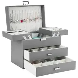 Produktbild: Dajasan Schmuckkästchen, Schmuckaufbewahrung, 4 Ebenen Schmuckschatulle mit 2 Schubladen, Groß Schmuckkasten für Ringe, Ohrringe, Halskette, Uhren, Armbänder (Grau)