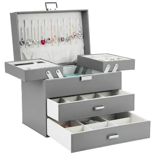 Produktbild: Dajasan Schmuckkästchen, Schmuckaufbewahrung, 4 Ebenen Schmuckschatulle mit 2 Schubladen, Groß Schmuckkasten für Ringe, Ohrringe, Halskette, Uhren, Armbänder (Grau)