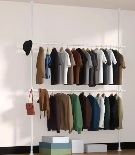 Produktbild: DAKEPOLE Kleiderständer Stabil Freistehender Kleiderbügel Trockengestell Metall Bekleidungsschiene,Verstellbares Ordnungssystem,Ausziehbar von (W x H): 71-121-177 x 304 cm, Weiß