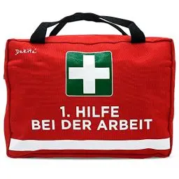 Produktbild: Dakita 1. Hilfe Tasche Geschenk für Kollegen - 28x18x8cm groß | Lustiges Geschenk zum Abschied von Kollegin oder zum Geburtstag Arbeitskollegen (ohne Inhalt, rot-Arbeit)