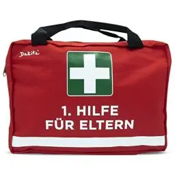 Produktbild: Dakita 1. Hilfe Tasche für Eltern - 28x18x8cm groß | Lustiges Geschenk für Eltern zur Geburt Elternzeit oder Babyparty | Ideale Verpackung für Geschenke (ohne Inhalt, rot - Eltern)