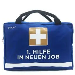 Produktbild: Dakita 1. Hilfe Tasche zum Abschied von Kollegen - 28x18x8cm groß | Lustiges Geschenk zum Abschied zum Jobwechsel | Ideales Abschiedsgeschenk für Kollegen (Ohne Inhalt, blau - Neuer Job)