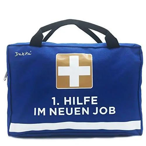 Produktbild: Dakita 1. Hilfe Tasche zum Abschied von Kollegen - 28x18x8cm groß | Lustiges Geschenk zum Abschied zum Jobwechsel | Ideales Abschiedsgeschenk für Kollegen (Ohne Inhalt, blau - Neuer Job)