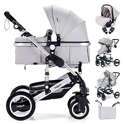 Produktbild: Daliya® Bambimo 3in1 Kinderwagen Kombikinderwagen Riesenset 15-Teilig incl. Babywanne, Buggy, Babyschale mit Fußsack, Alu-Rahmen, Voll-Gummireifen, Wickeltasche, Kindertisch -Elegance Grau