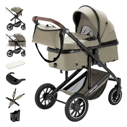 Produktbild: Daliya® FLEXI-PRO Kombikinderwagen & Buggy |Vielseitig, Leichter Reisekinderwagen, Umstellbar zum Sportwagen | Großer Einkaufskorb, Sicher & Komfortabel | Kinderwagen (2in1, Beige)